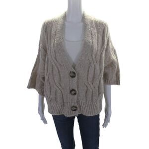 Summum Womens Beige Cable Knit V-neck Short Sleeve Cardigan Sweater Top Size S